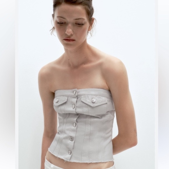 Zara Metallic Silver Denim Corset Top - Picture 3 of 6